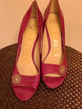 Joan & David Fuchsia Open-Toe Heels with Gold Medallion